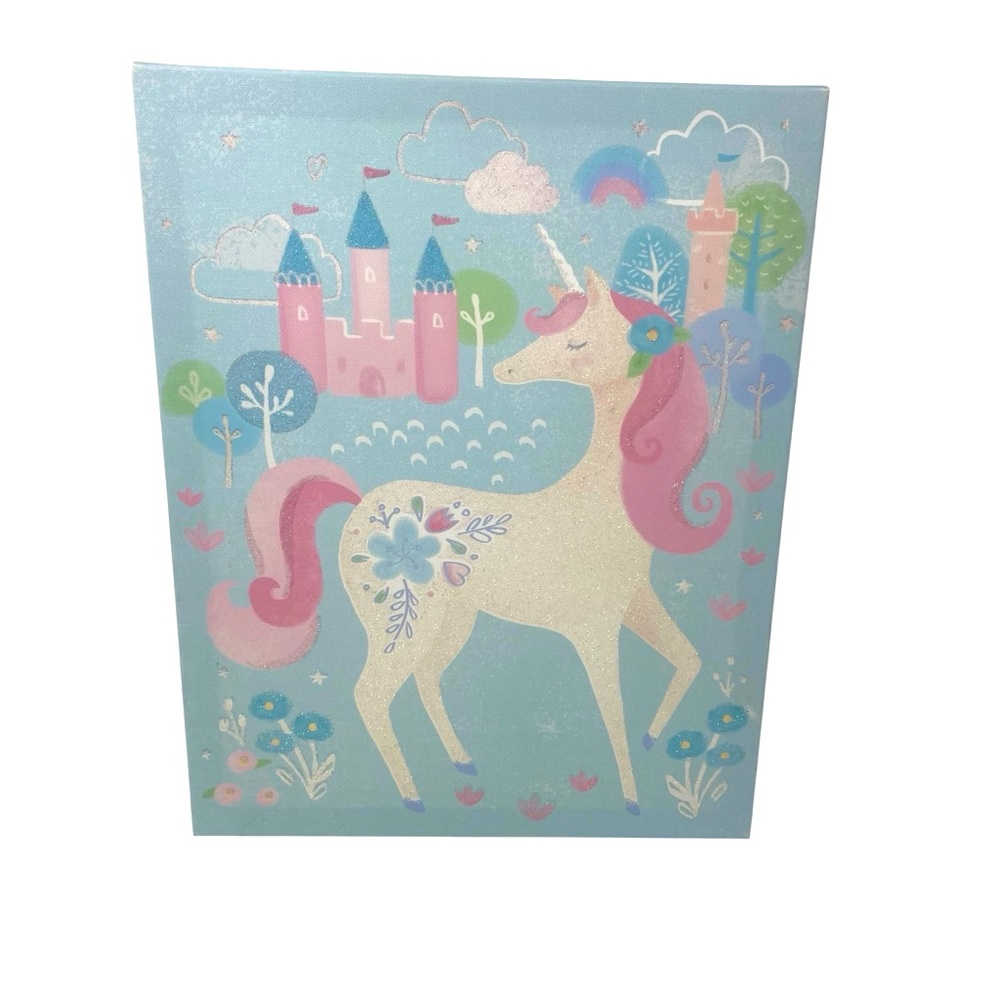 Clementine Canvas Wall Art White & Pink Unicorn with Flowers and‎ Castle 11”x14”